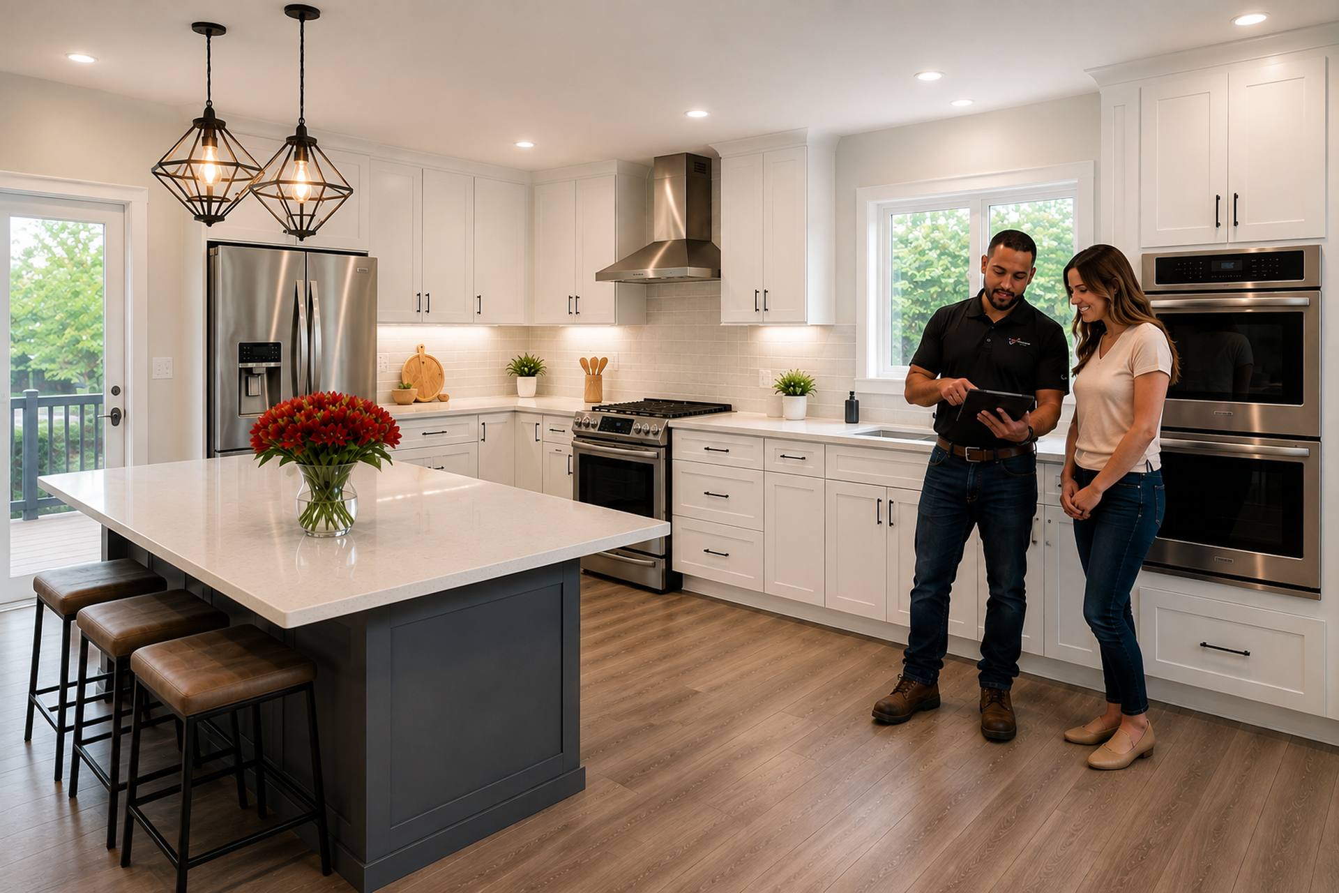 Atomic Tech specialists reviewing an appliance repair in a bright Augusta kitchen